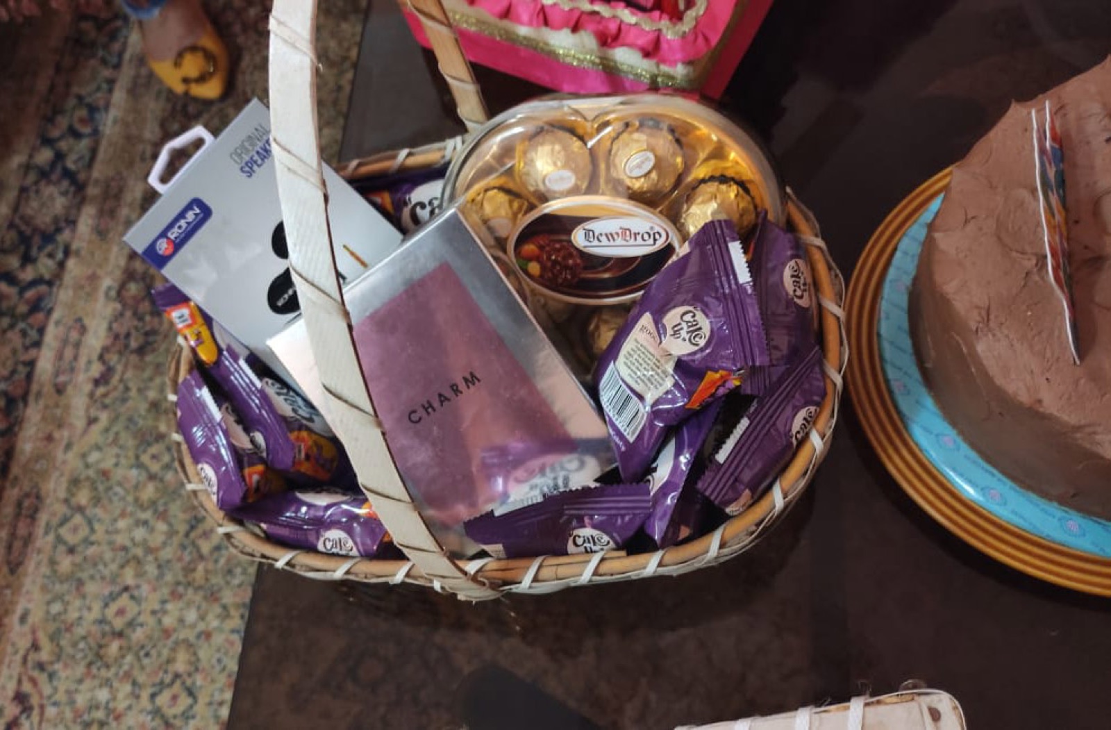 Wicker basket with chocolates and Ferrero