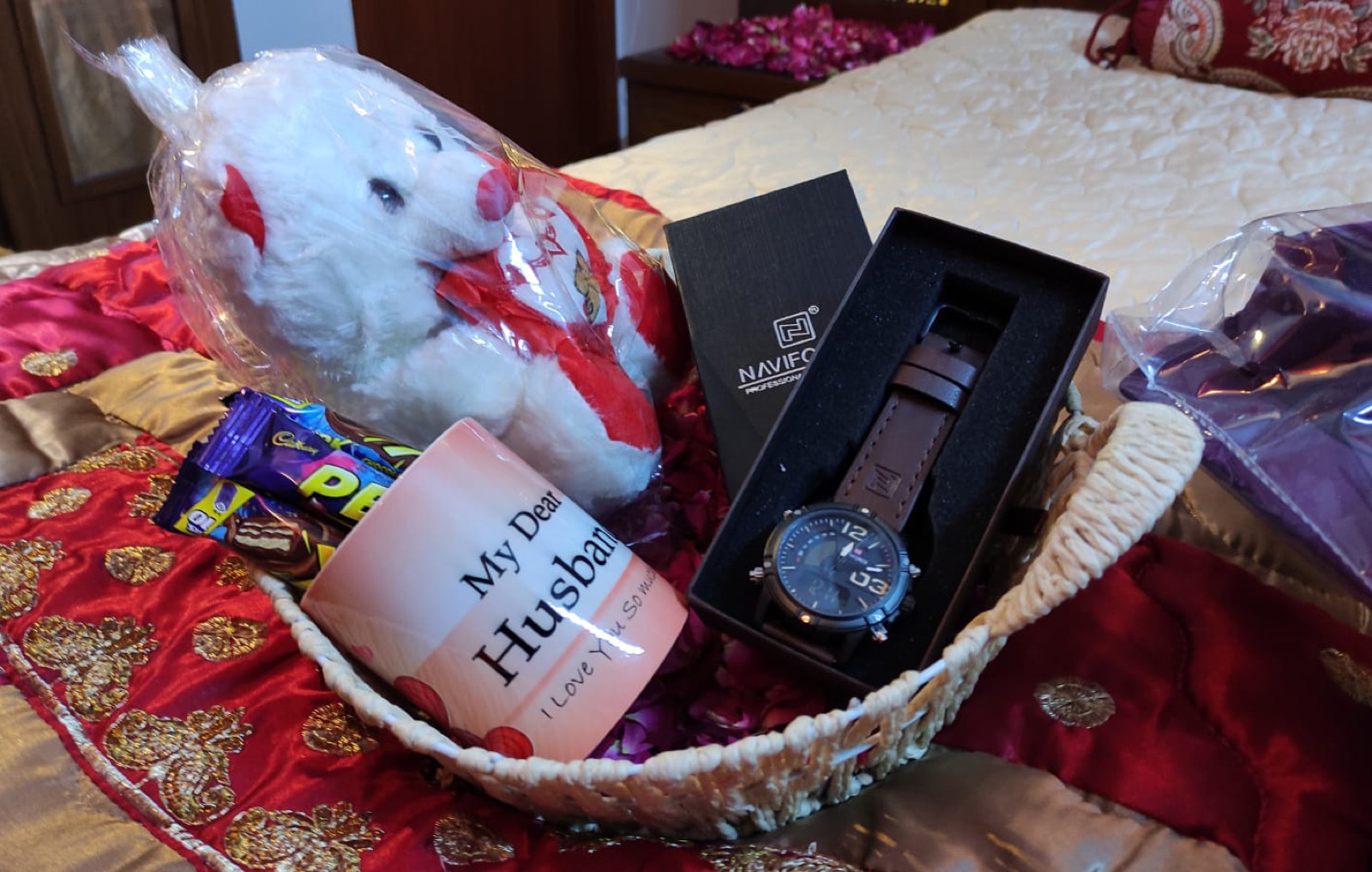 Birthday basket with teddy, perfume and roses