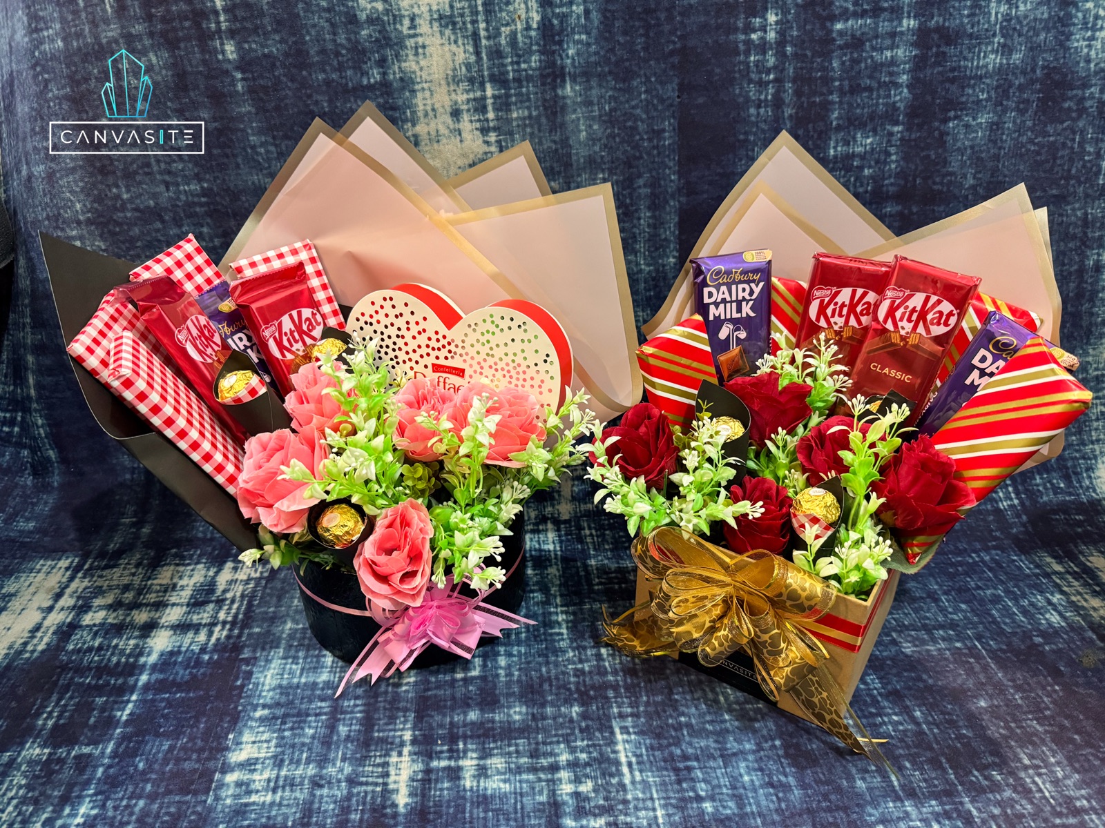 Two chocolate and flower bouquets with roses and Kinder