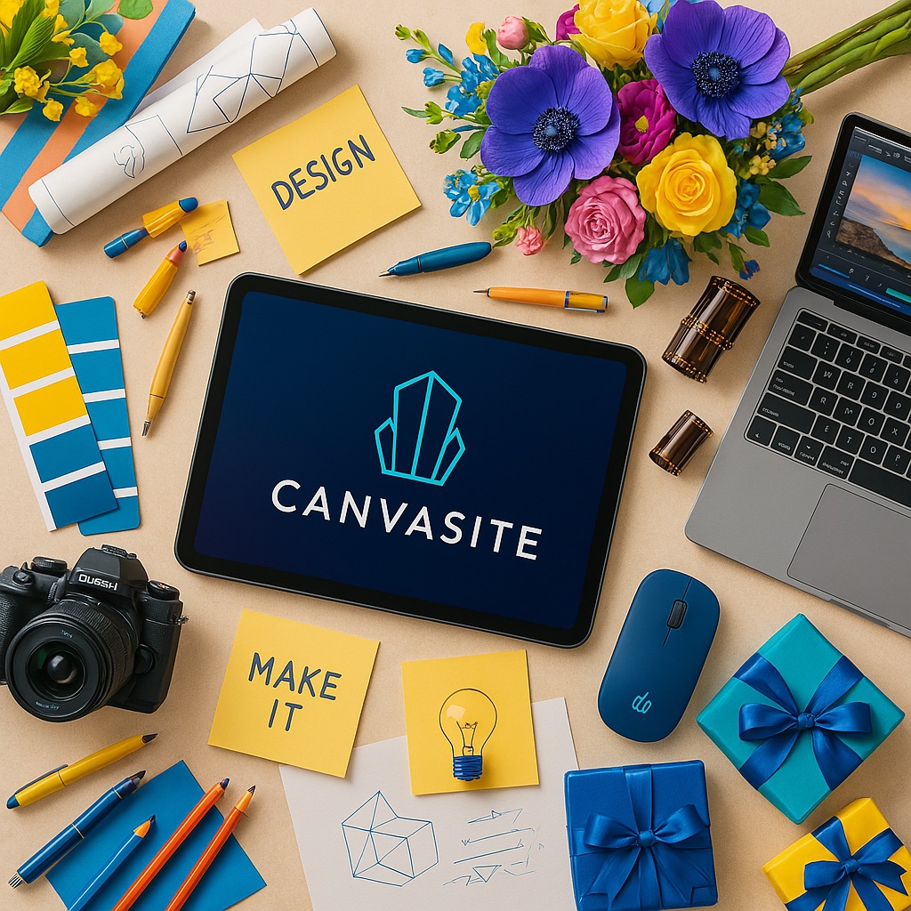 Canvasite design desk with tablet, laptop, flowers and gift boxes